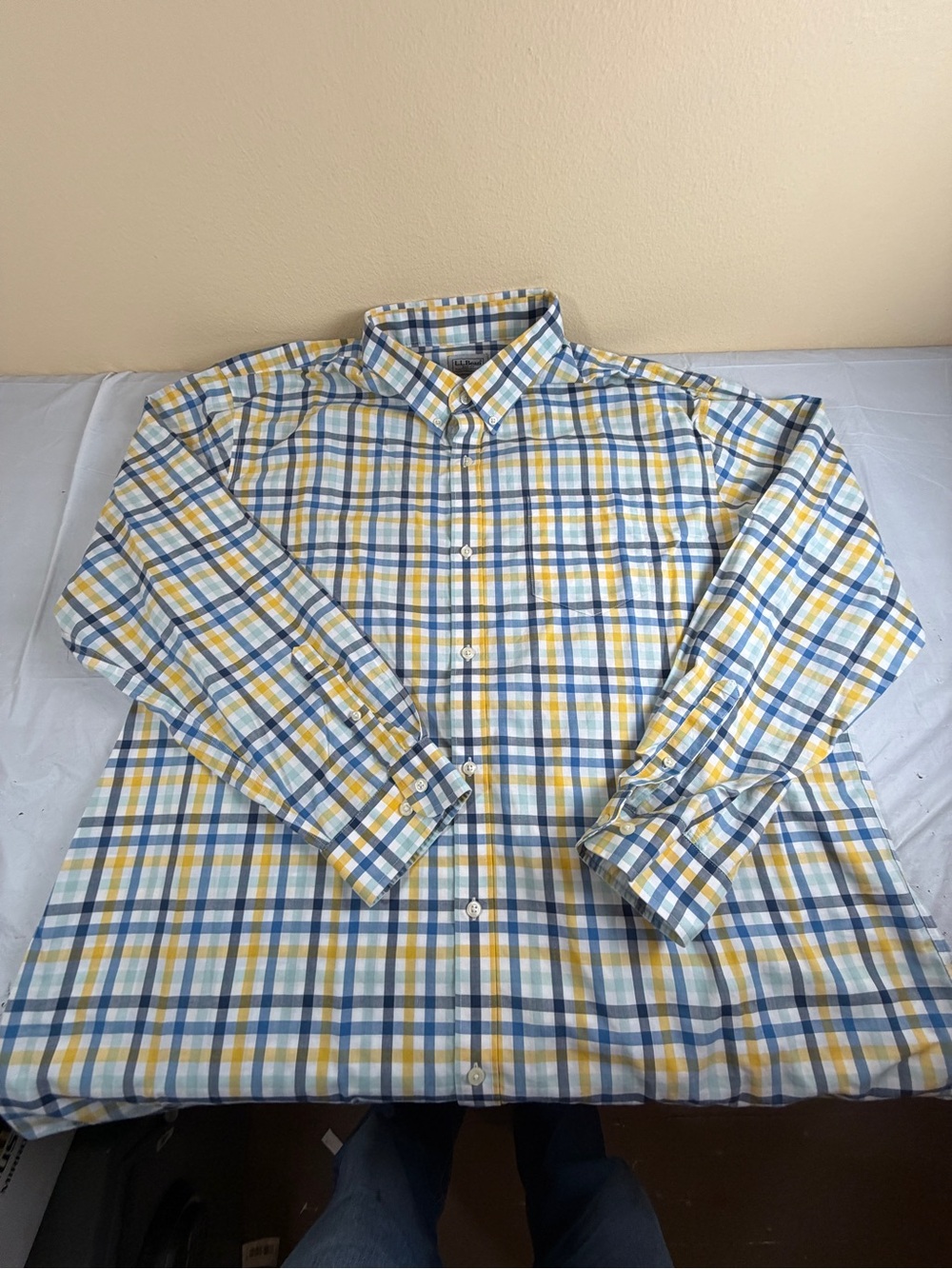 L.L. Bean Men's Yellow, Blue & White Plaid Button-Down Shirt - Picture 2 of 6